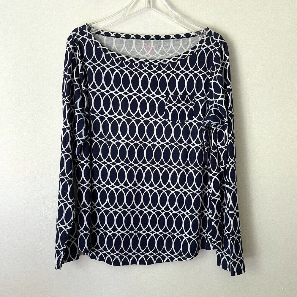 Lilly Pulitzer XL Top Mosaic Chain Long Sleeve Navy Wide Neck Pocket *Colorbleed